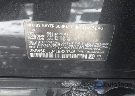 2020 BMW 330I z USA, uszkodzony, nr VIN 3MW5R1J04L8B20746